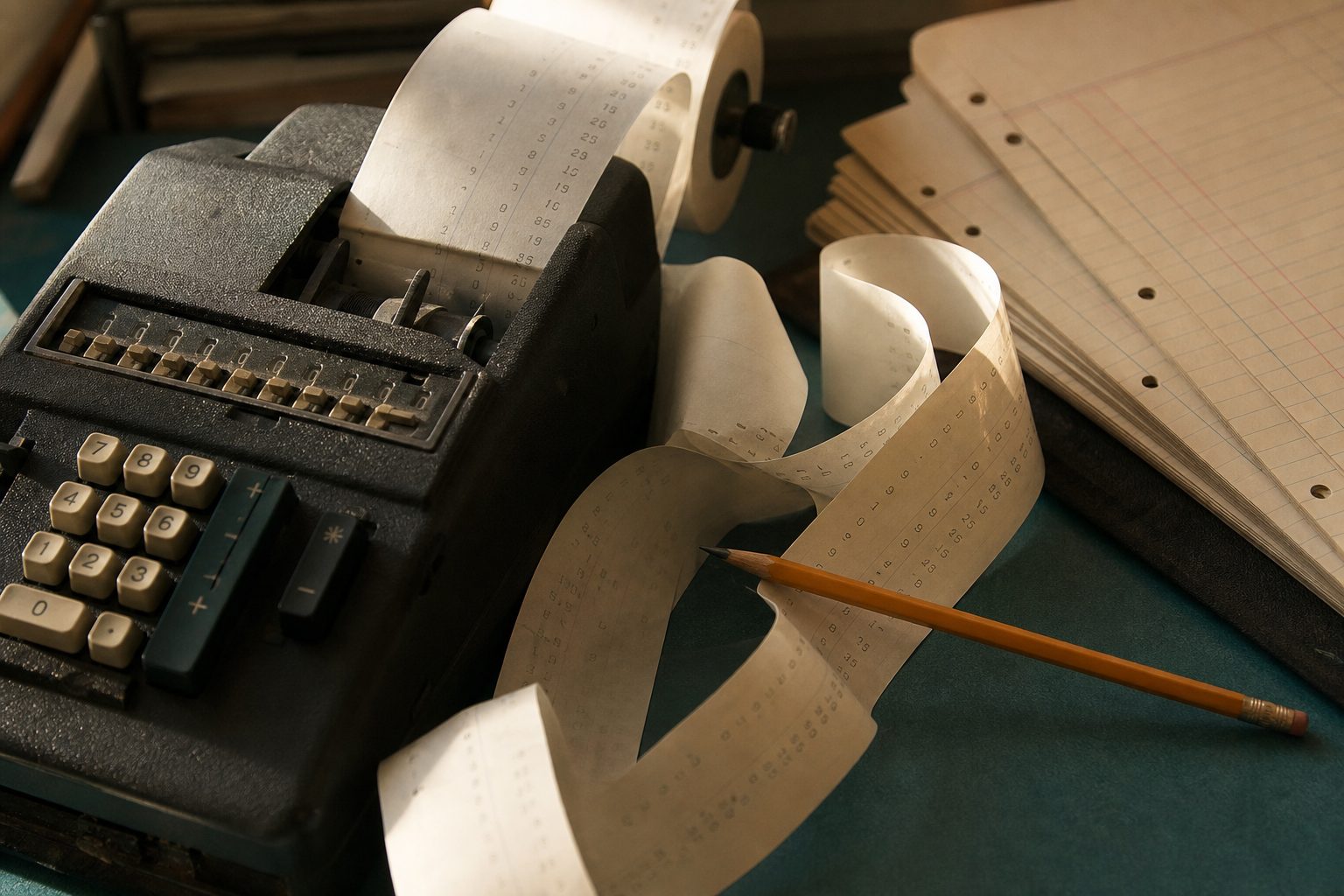 Ten key adding machine with a curling paper tape beside ruled columnar ledger sheets