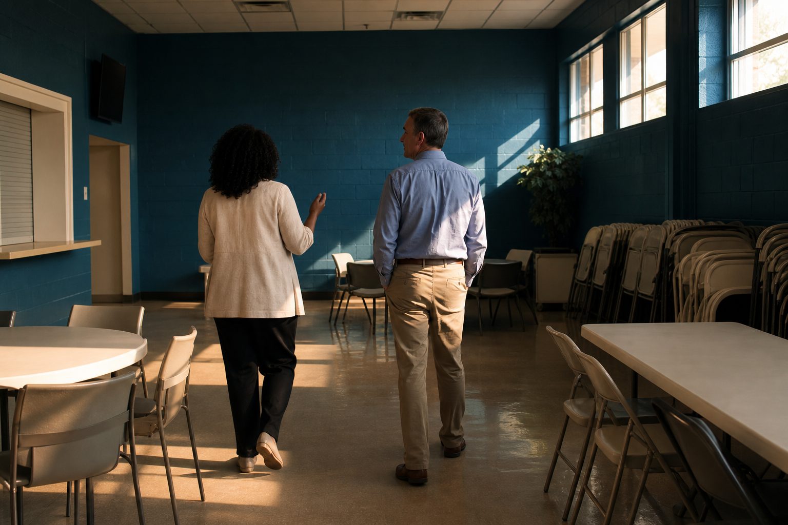 Two people seen from behind touring a neighborhood service room in late afternoon light