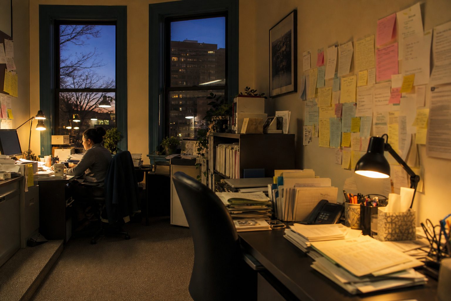 Cramped two desk nonprofit office at dusk with task lamps, file stacks and sticky notes