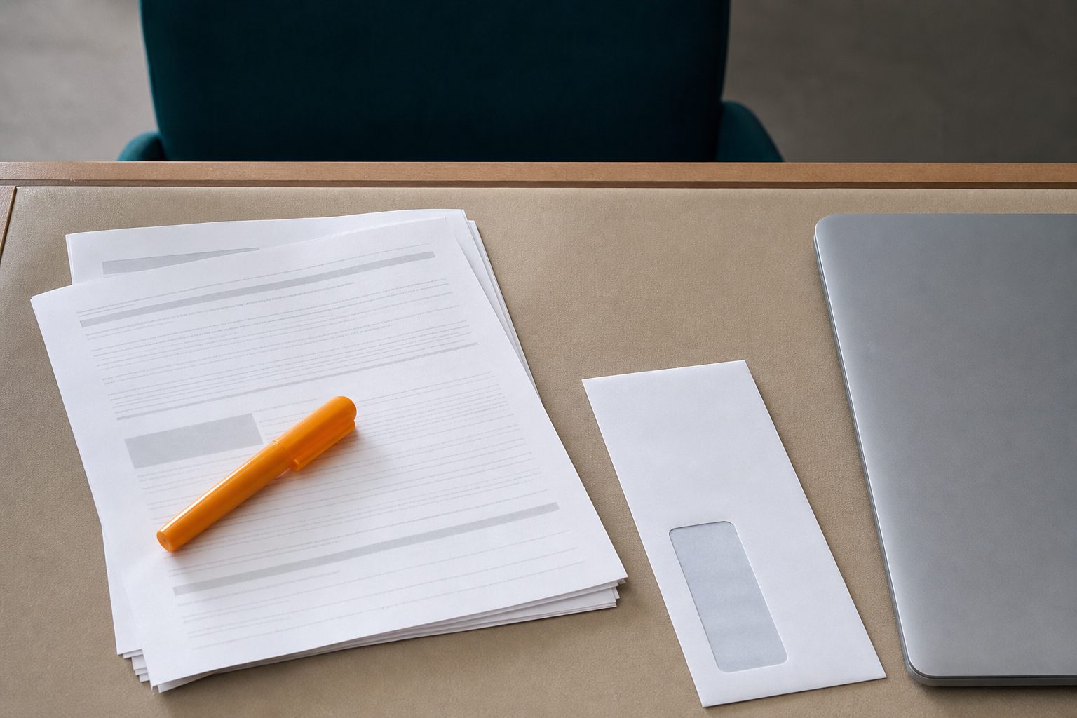 Printed registration packet and a government envelope on a desk blotter beside a closed laptop