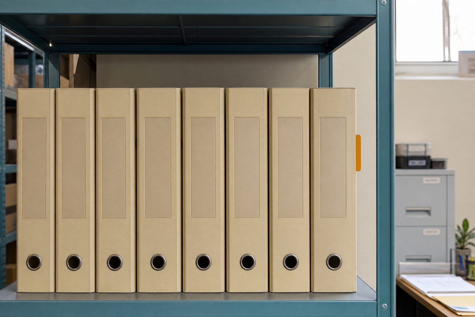 Quarterly grant binders standing on a metal office shelf with one amber tab showing