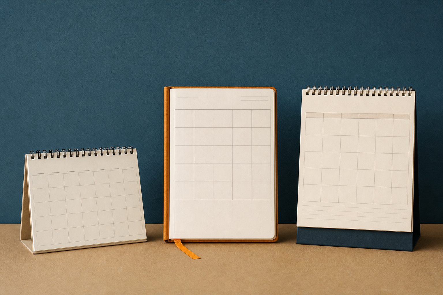 Three desk calendars in different formats standing side by side on a warm sand table