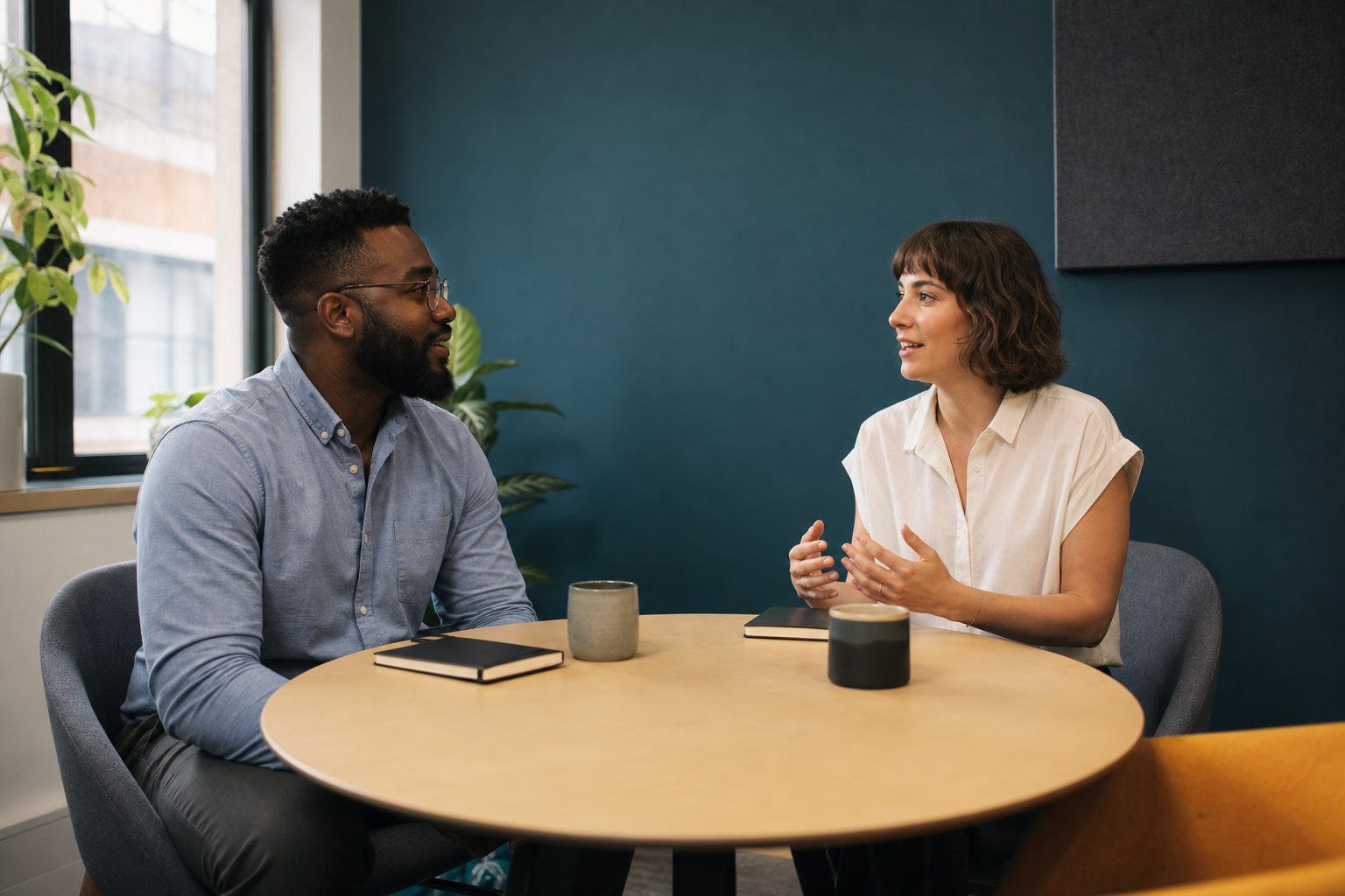 Two people talking across a small round table in a daylit nonprofit office with closed notebooks
