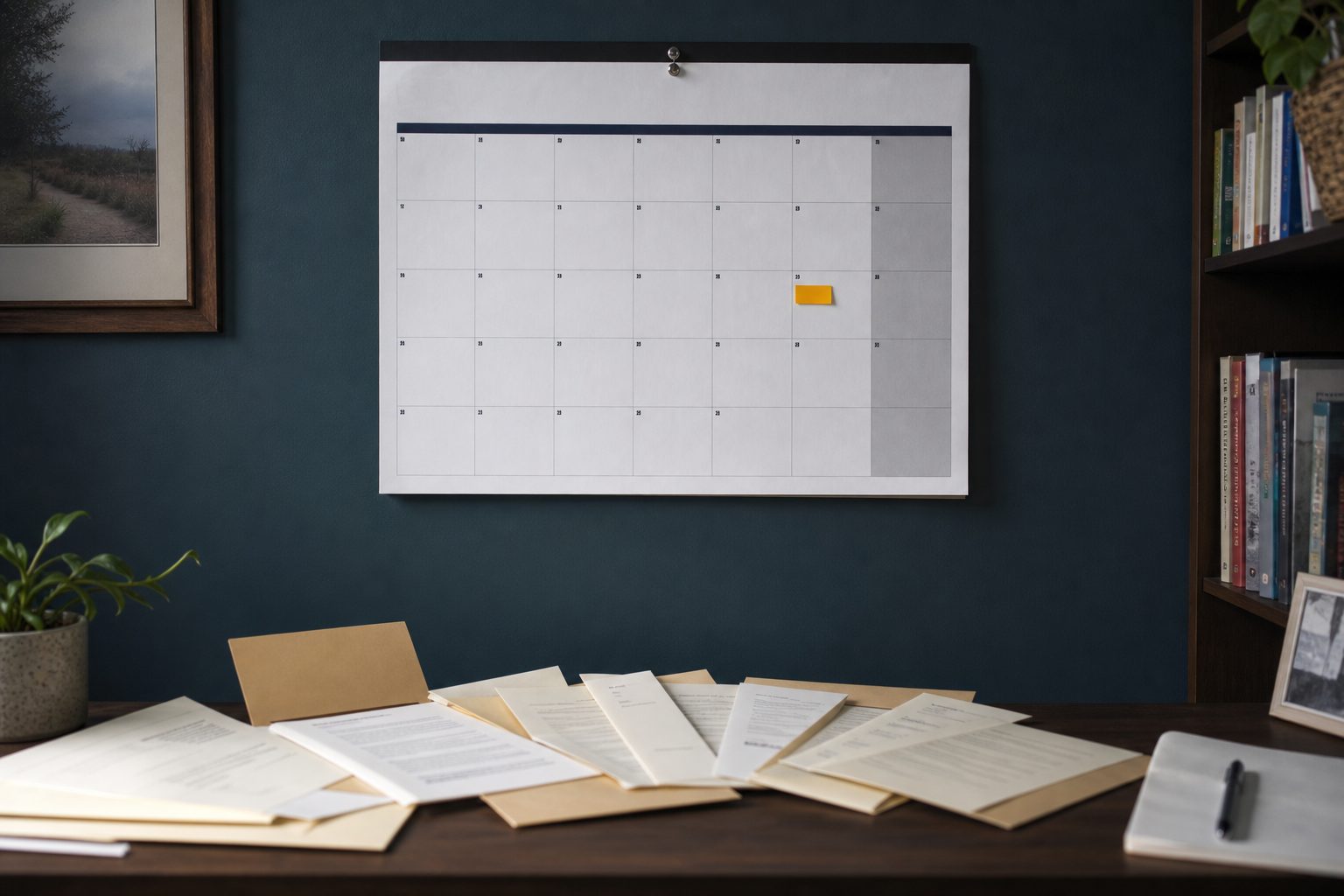Paper wall calendar above a small nonprofit desk with award letters spread below it