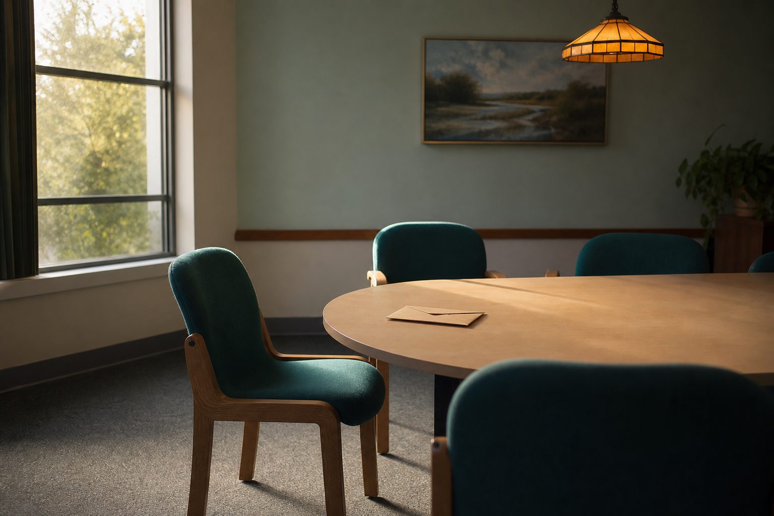 Empty chair at a nonprofit meeting table with a single unopened envelope left behind