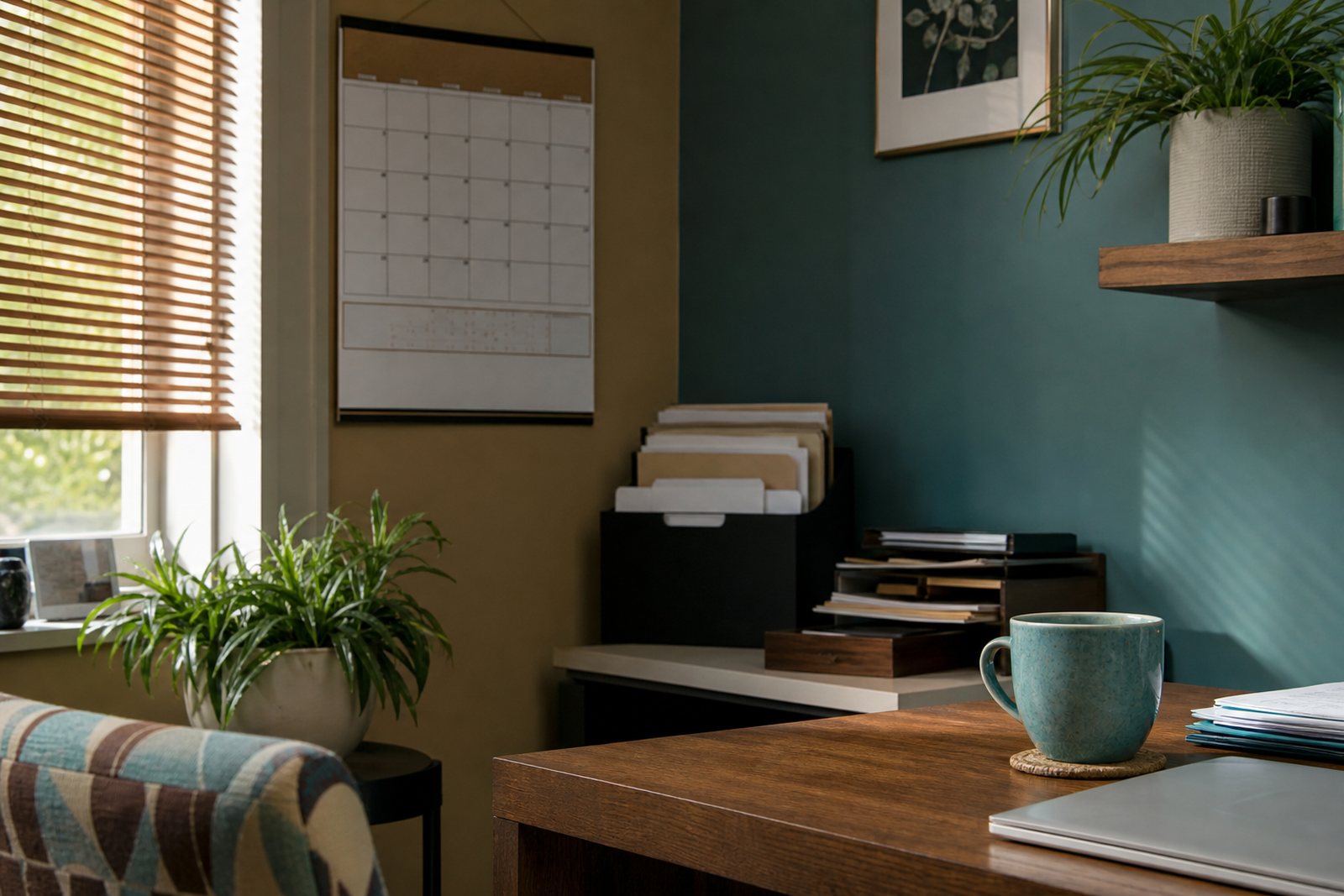 Small nonprofit office desk with a wall calendar, grant folders and a coffee mug in warm daylight